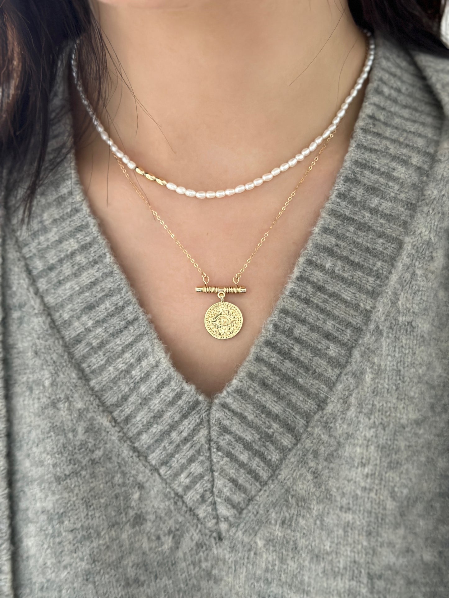 Asymmetrical Freshwater Rice Pearl Choker with Gold Beads