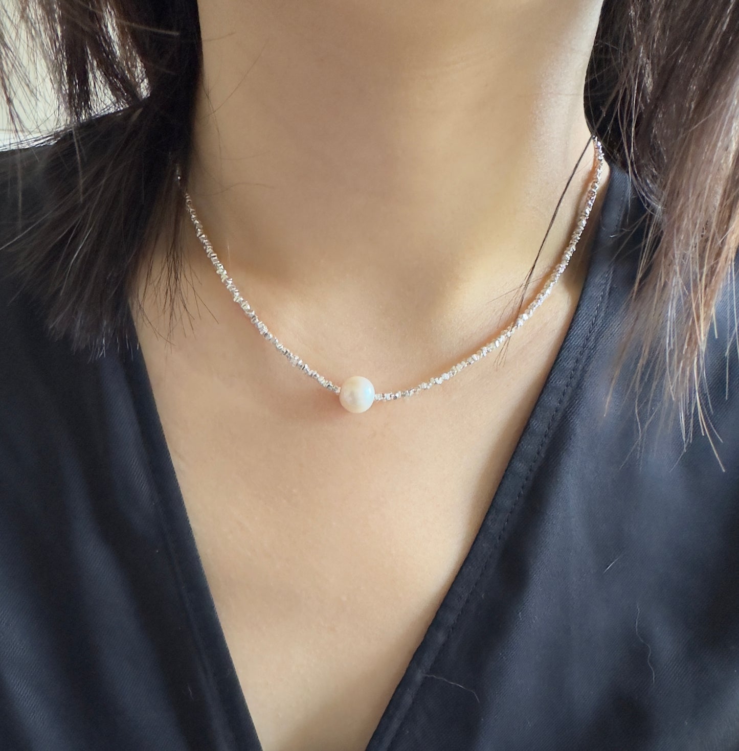 Handmade Silver Particle Necklace Freshwater Pearl Pendant