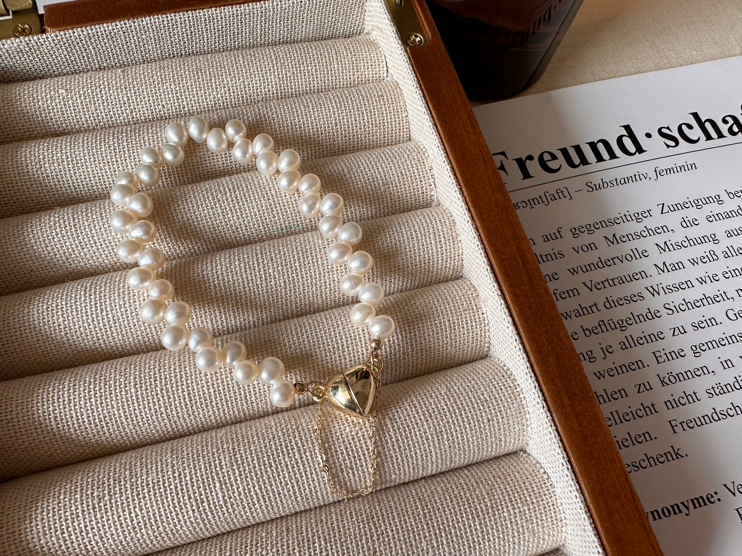 Delicate Double Sided Freshwater Pearl Bracelet With Heart Magnetic Clasp