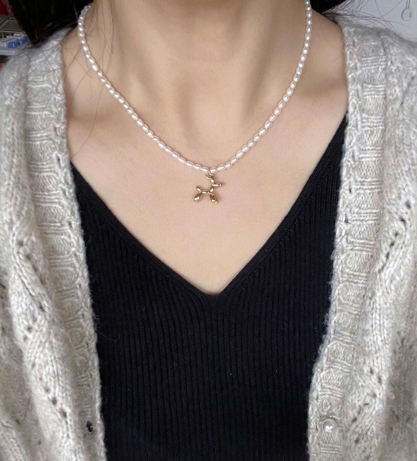 Best Quality Freshwater Pearl Necklace/Choker With 14K Gold Plate Balloon Dog Pendant - LE´TIAN