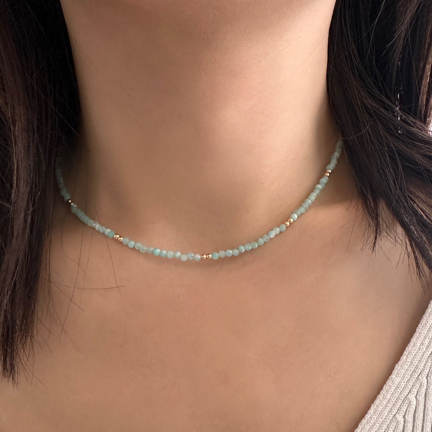 AAA Facettierter Amazonit Choker: 14K Gold Filled Edelstein-Halskette (42 cm) | Minimalist Jewelry