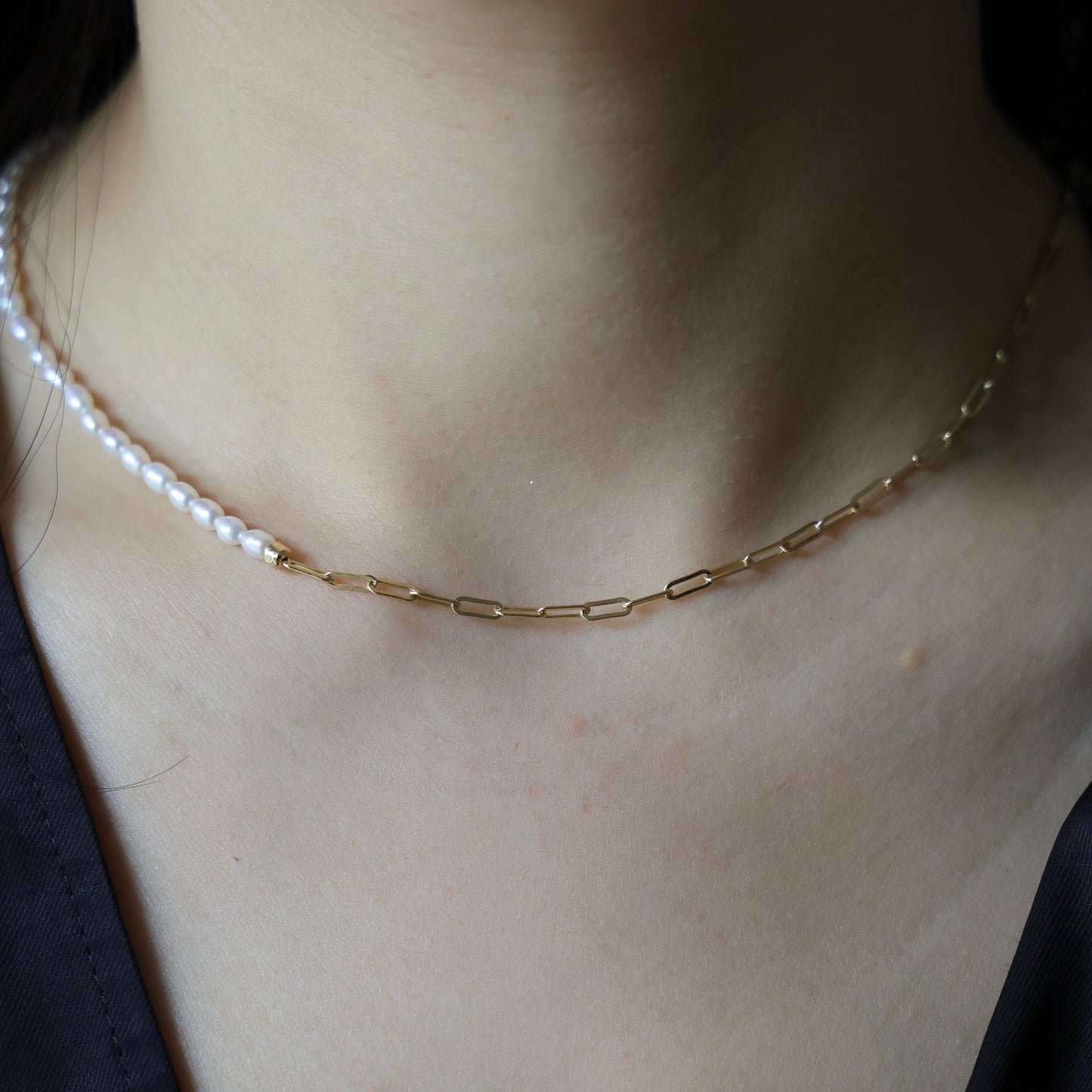 Halbperlen Halbkette|Hochwertiges Kleine Reisperlen Halskette|Gold Büroklammer Halskette|Gliederkette|Brautjungfer Geschenke|Zierliche | Minimalist Jewelry