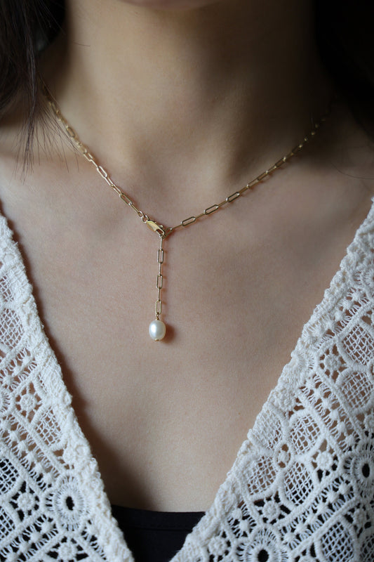 Gold Filled Y-Halskette | Süsswasserperle Tropfen, zarte Kette | Minimalist Jewelry