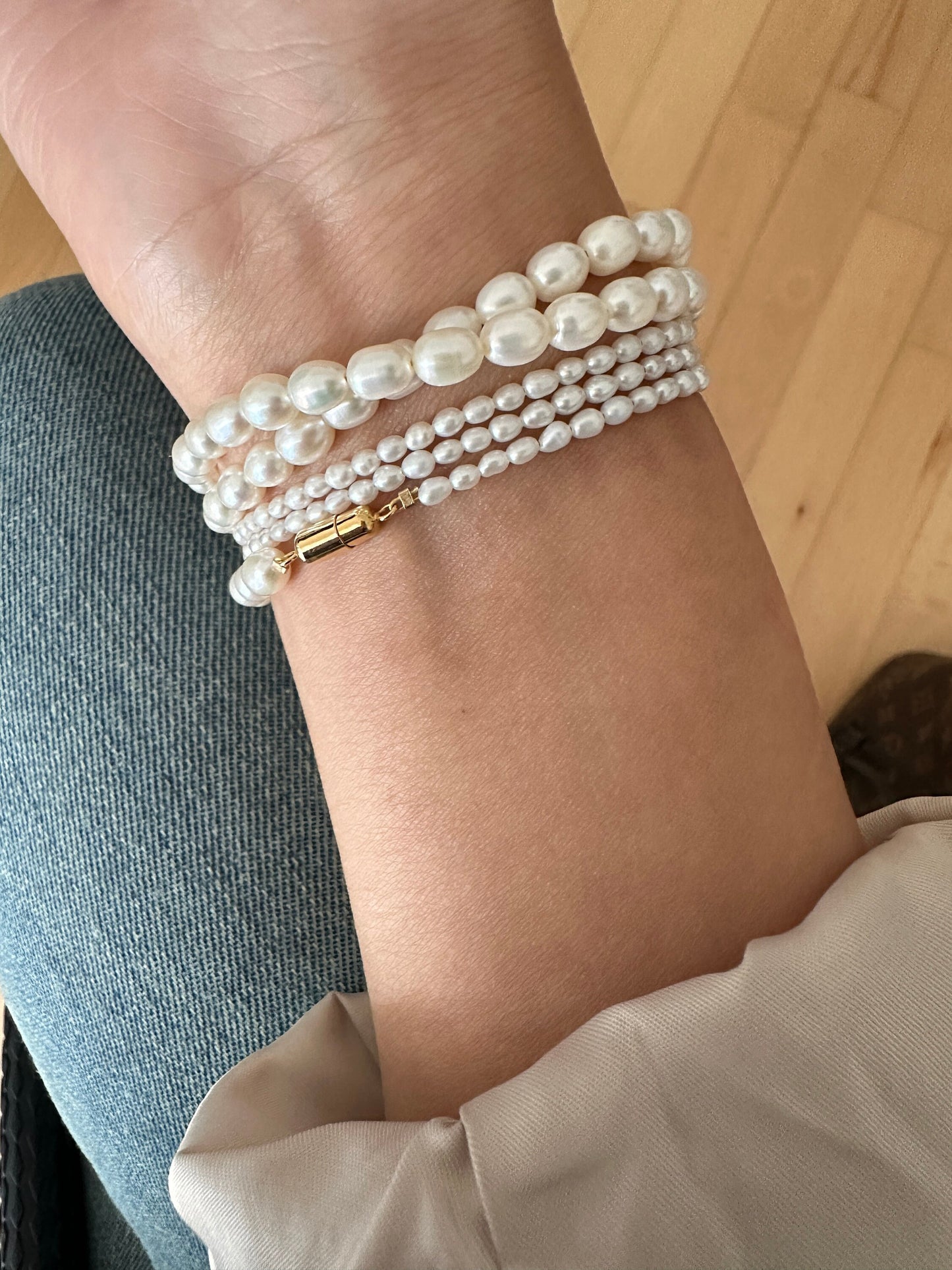 Süßwasser-Reis Perlen Halskette | Langer geschichteter Perlenstrang, 14K Gold gefüllter Verschluss | Minimalist Jewelry