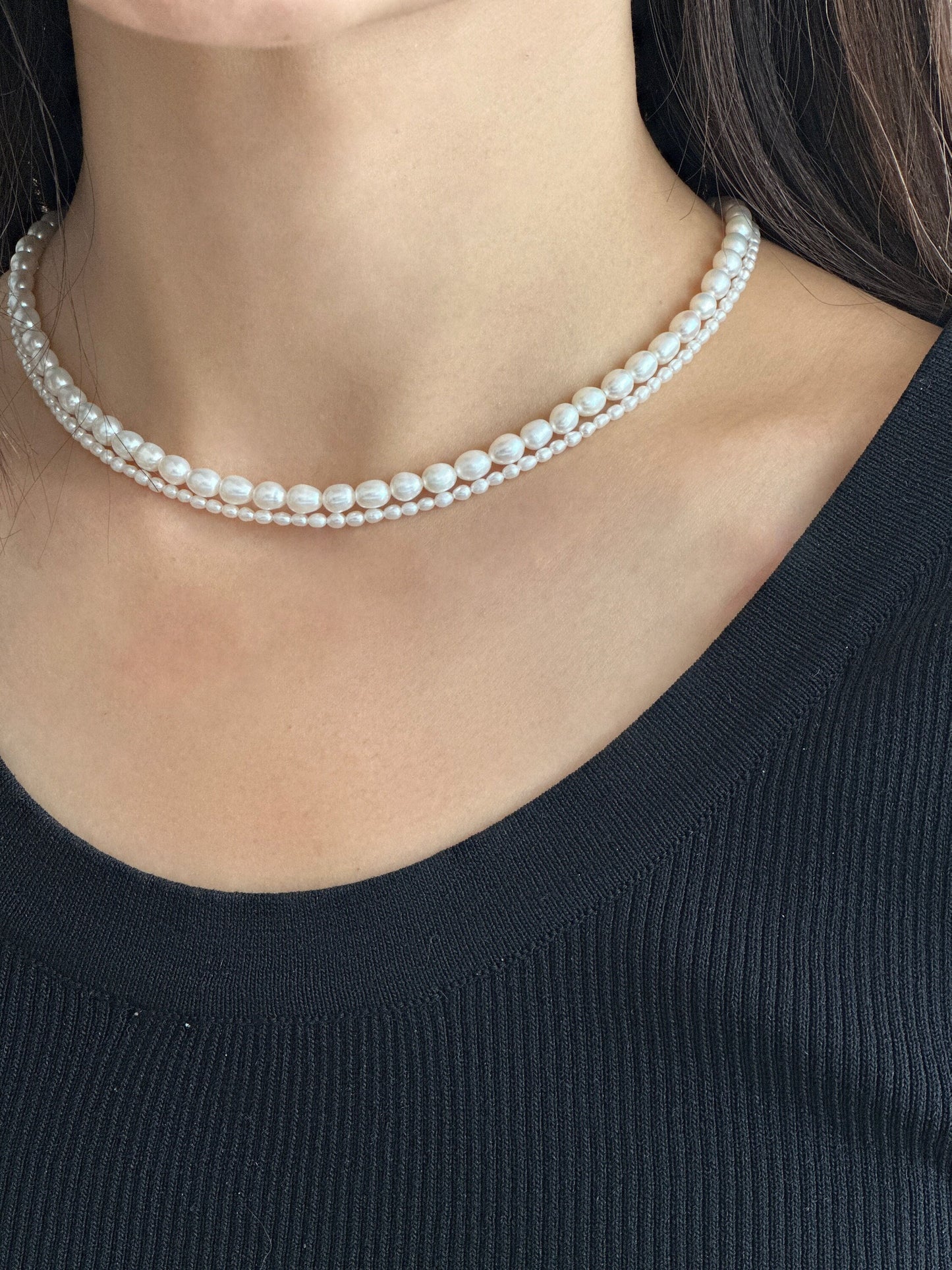 Süßwasser-Reis Perlen Halskette | Langer geschichteter Perlenstrang, 14K Gold gefüllter Verschluss | Minimalist Jewelry