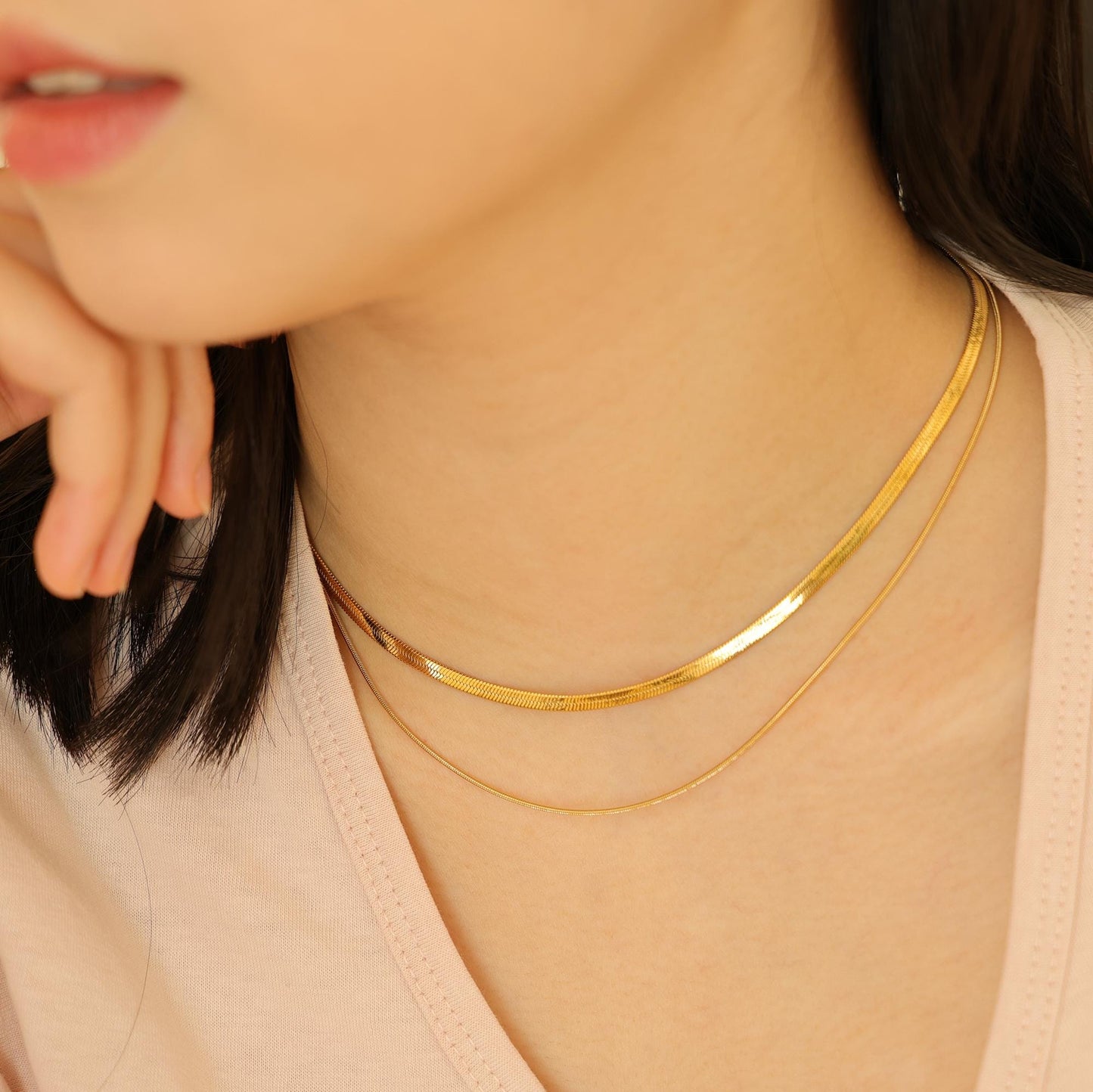 18K Gold Double Layer Schlangenkette Halskette: Minimalist Fischgrät