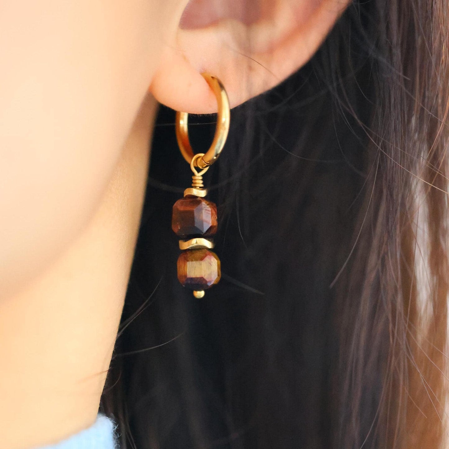 Tigerauge Ohrringe|18K Gold Creolen|Zierliche Ohrringe|Edelstein|Handgefertigter Boho Schmuck| | Minimalist Jewelry