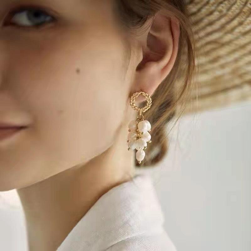 Wheat Ear Pearl Tassel Earrings 925 Silver Pin 14K Gold - LE´TIAN