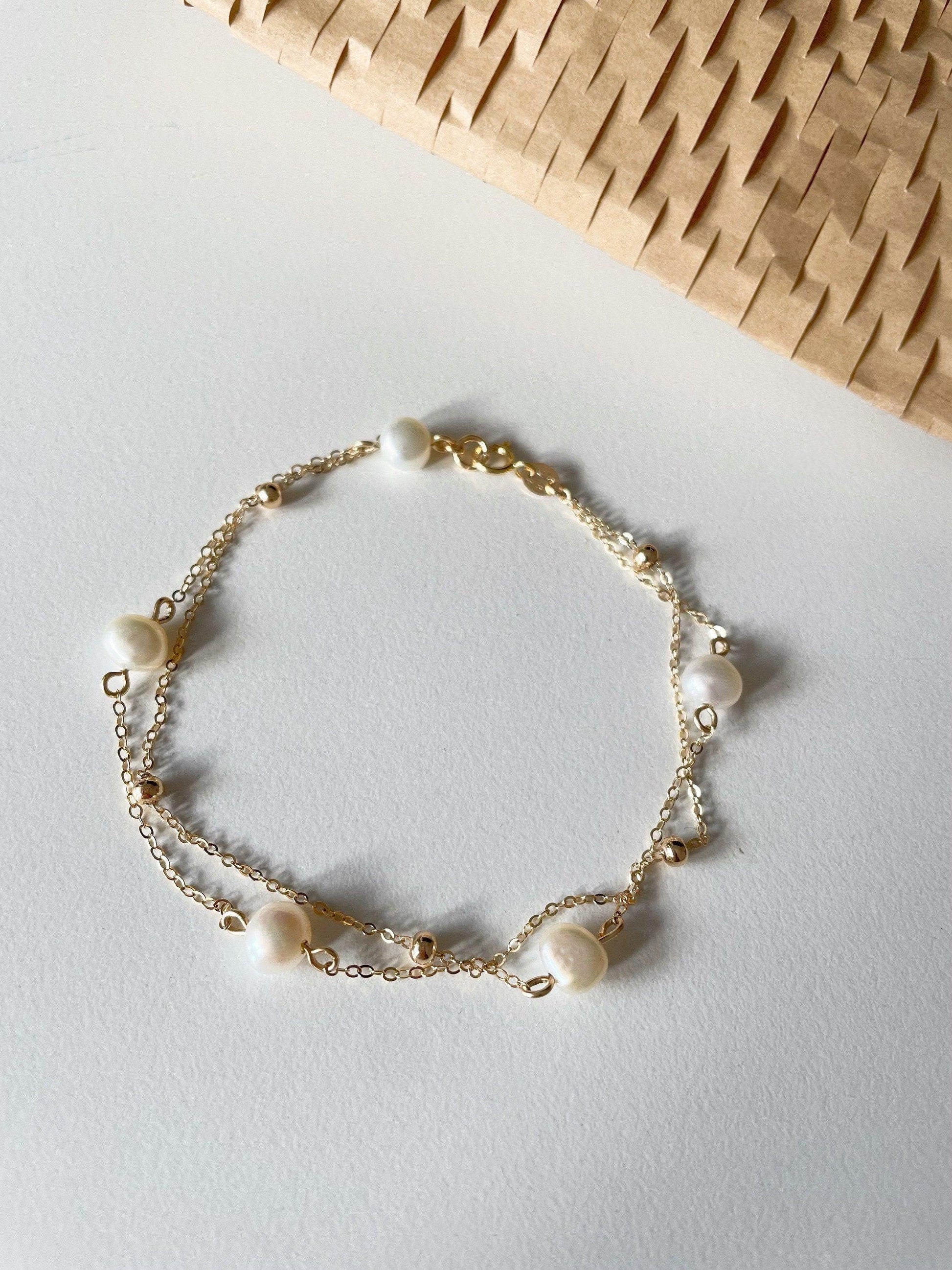 Elegant Beautiful 14k Chain Bracelet Freshwater Pearl Gold Bead - LE´TIAN