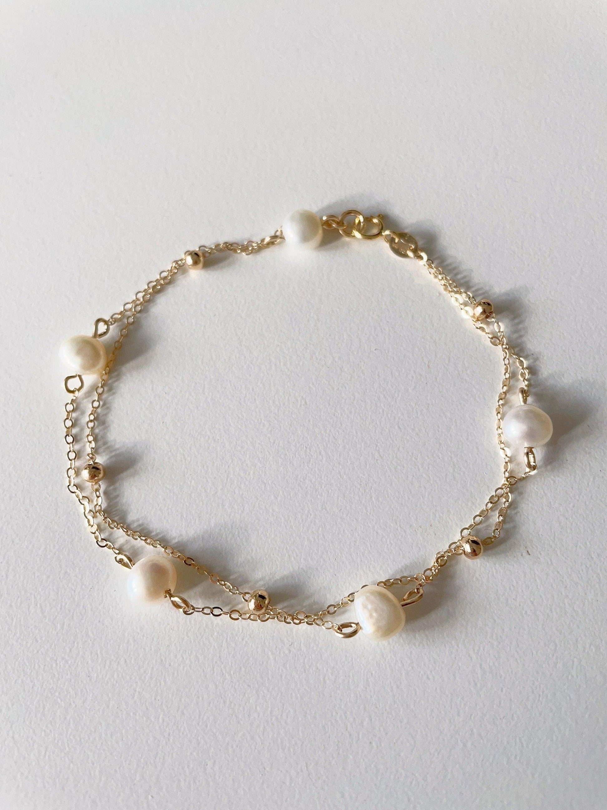 Elegant Beautiful 14k Chain Bracelet Freshwater Pearl Gold Bead - LE´TIAN