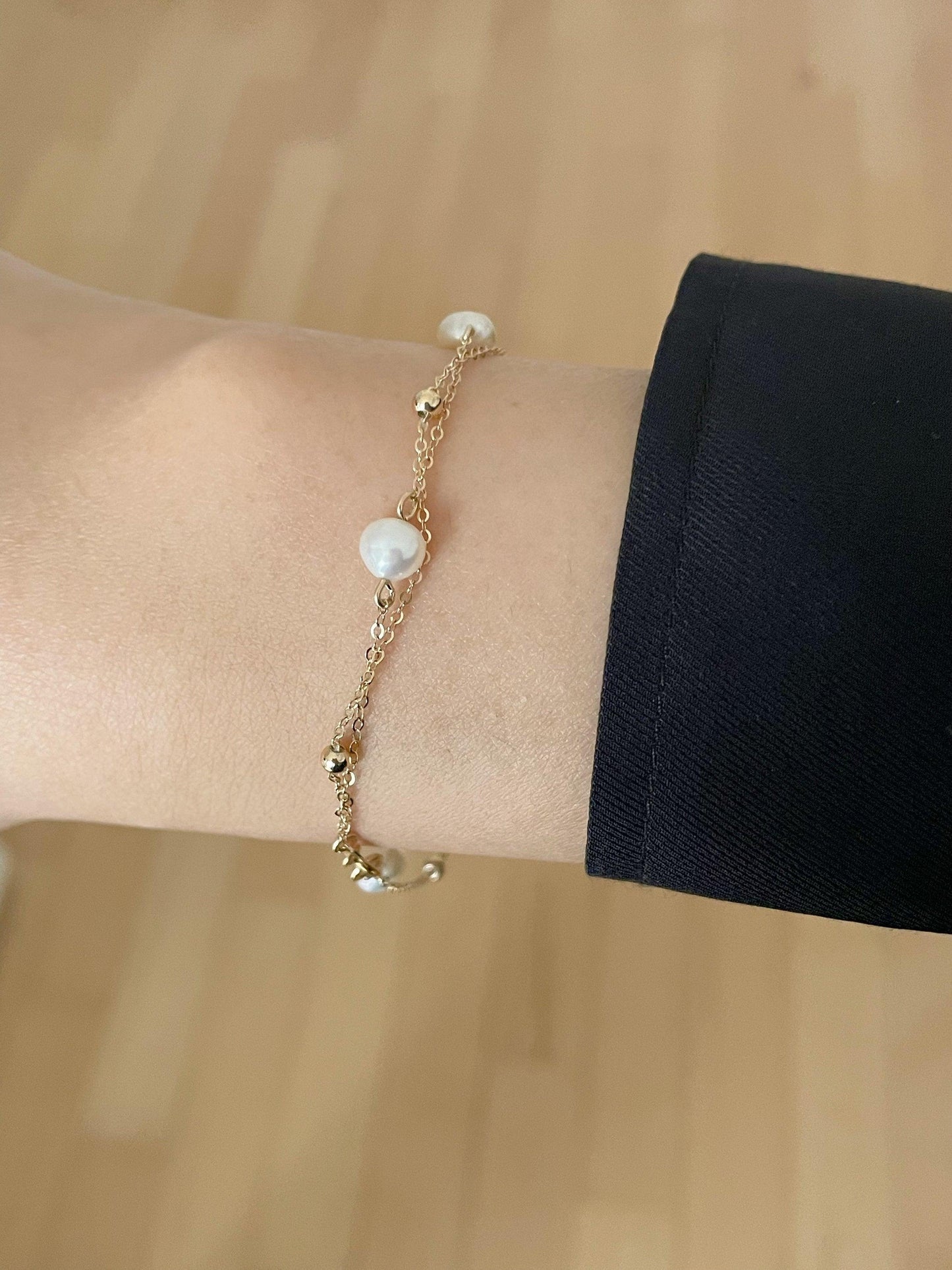 Elegant Beautiful 14k Chain Bracelet Freshwater Pearl Gold Bead - LE´TIAN