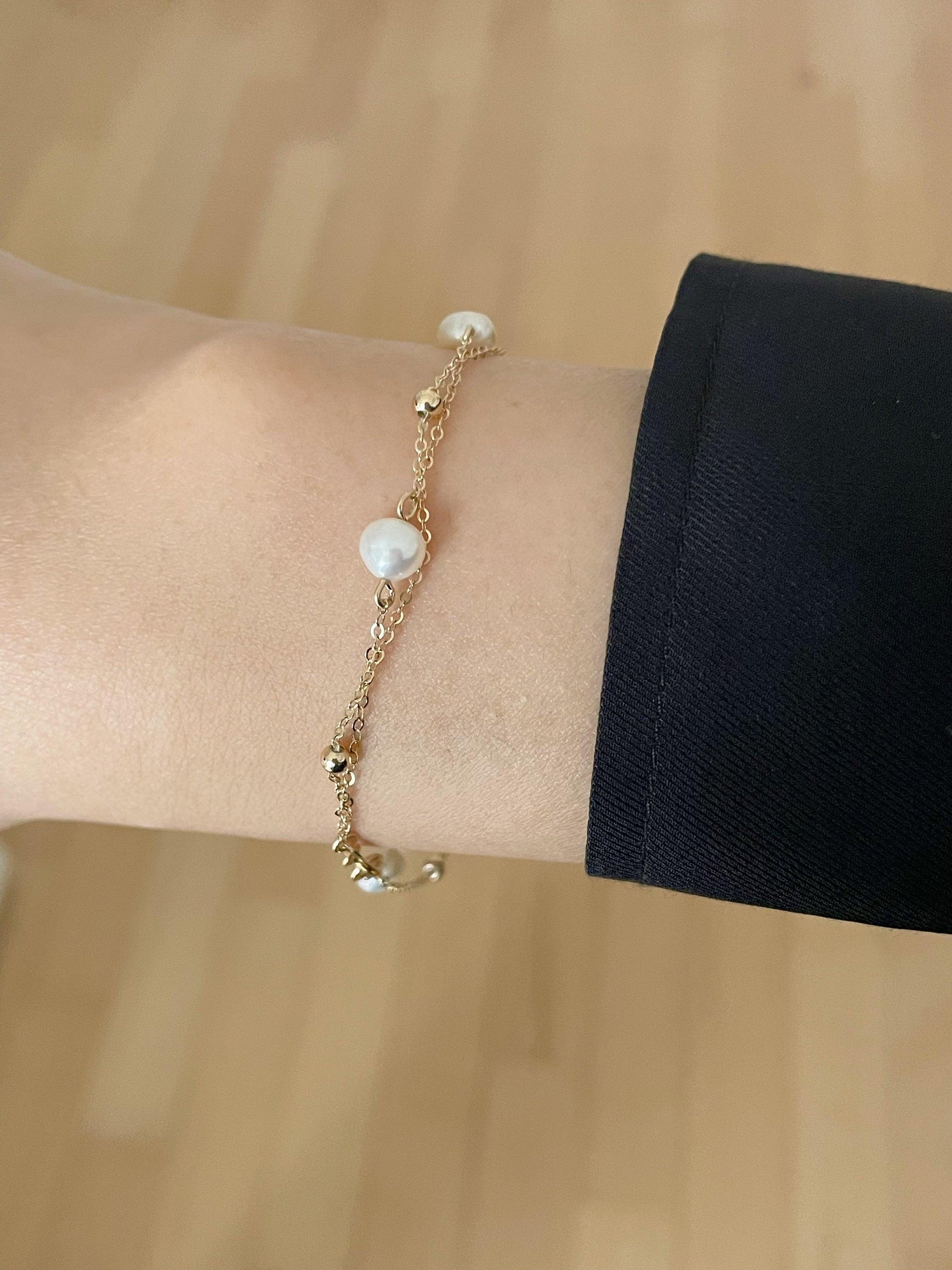 Elegant Beautiful 14k Chain Bracelet Freshwater Pearl Gold Bead - LE´TIAN