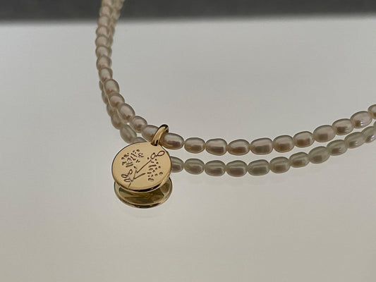 Romantic Rice Pearl Necklace with 14k Rose Medal Pendant - LE´TIAN